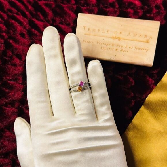 14k White Gold Natural Pink & Orange Sapphire Diamond Ring -Size 5 -3g - Picture 7 of 16